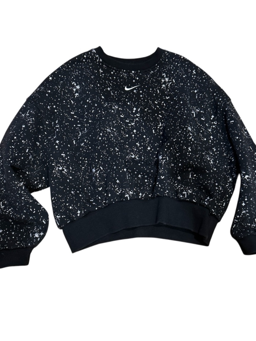 Nike Girl’s Cropped Medium M Sweatshirt Black White Splatter Crewneck Pullover